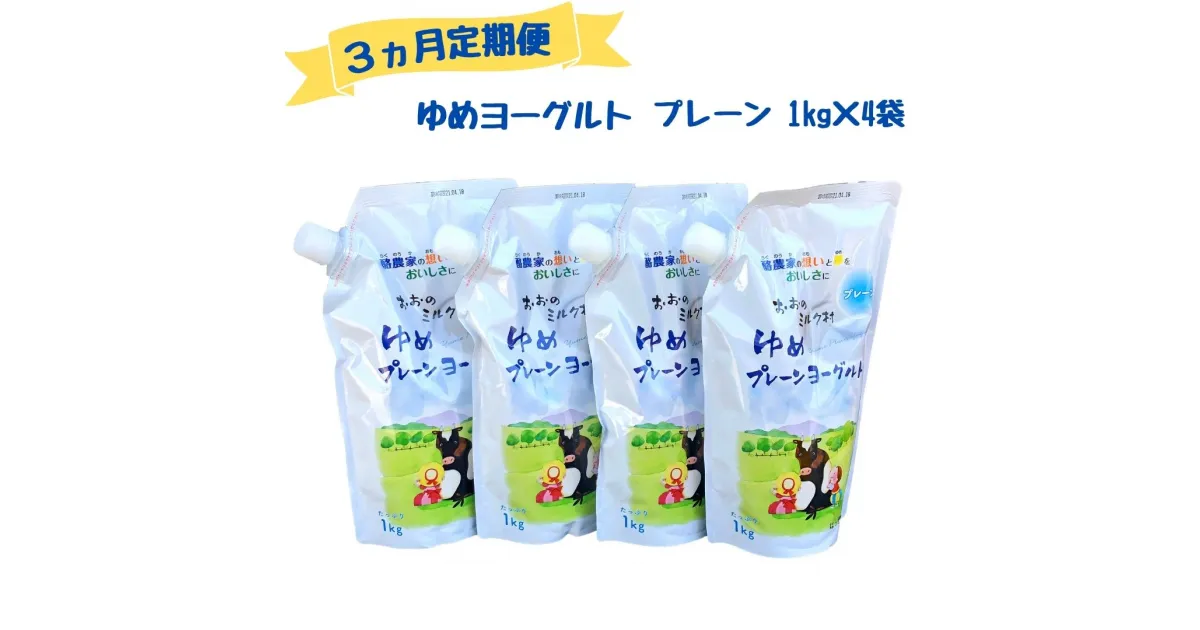 【ふるさと納税】 【3ヵ月定期便】おおのミルク村 ゆめヨーグルト（プレーン）1kg×4袋 酸味を抑えた無糖タイプ 乳酸菌 酪農家の味