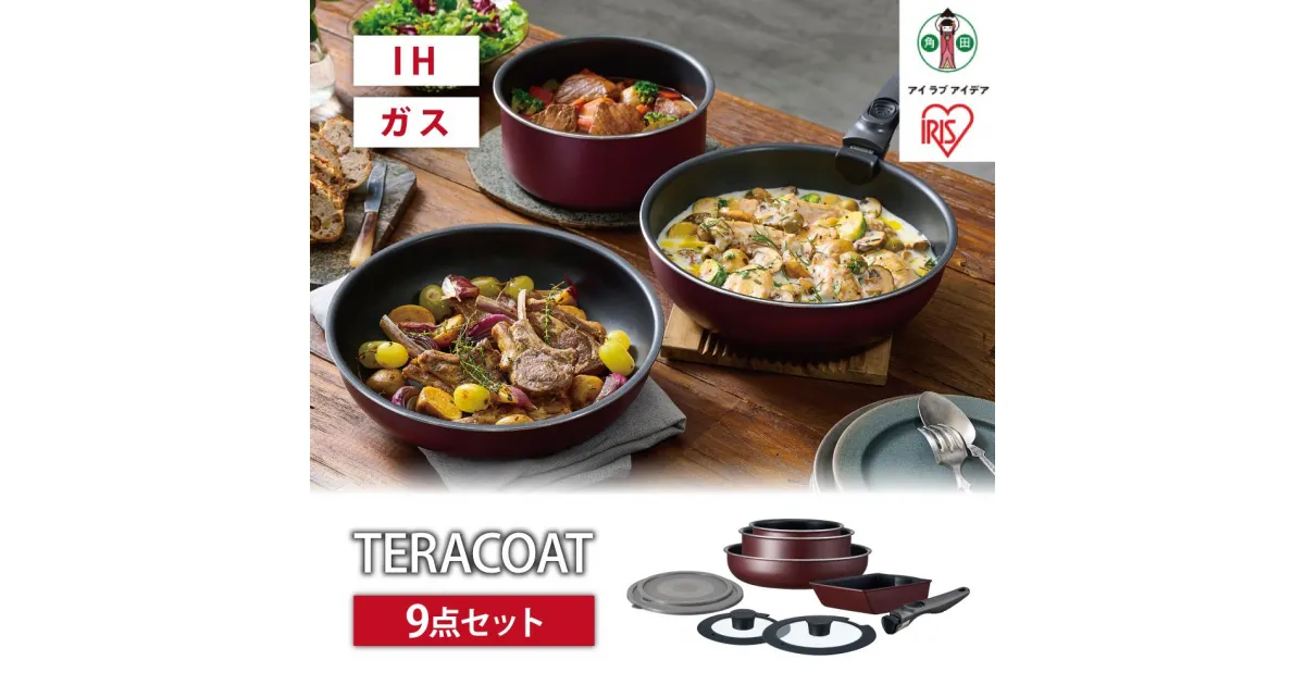 【ふるさと納税】フライパン　セット　TERACOAT　9点セットEHDC-T9Sワインレッド | アイリスオーヤマ フライパンセット IH くっつきにくい テラコート グレイッシュブラウン ふた付き 9点 鍋 ガラス蓋 取っ手