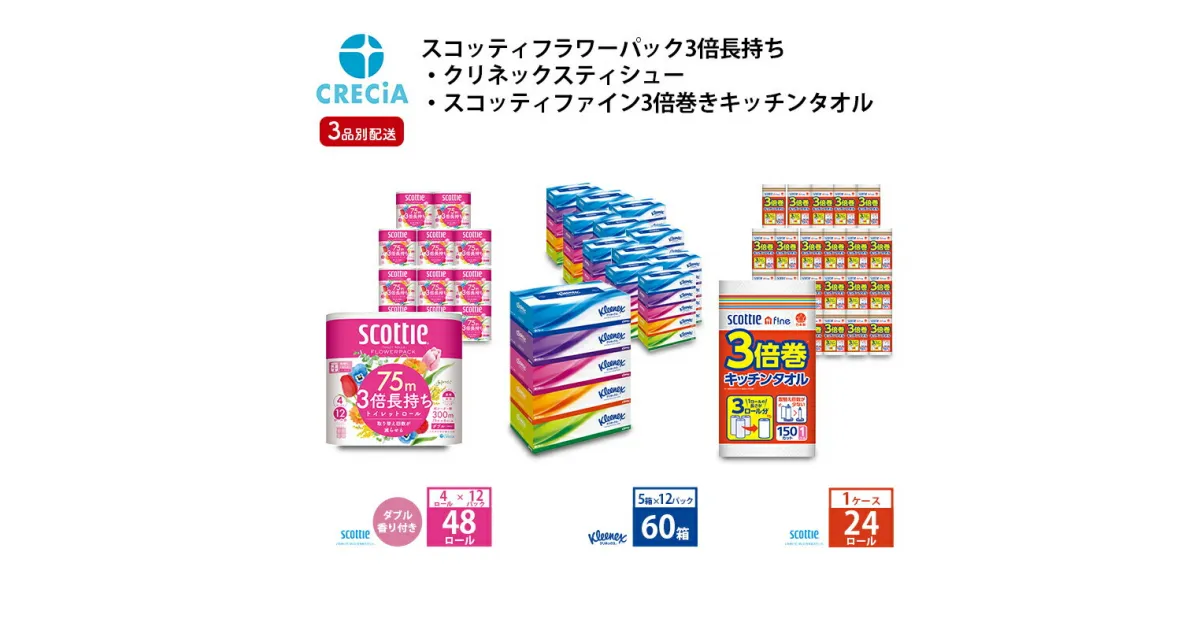 【ふるさと納税】トイレットペーパー ティッシュペーパー キッチンペーパー 定期便 3品別配送 トイレット ペーパー ダブル スコッティ 48ロール + クリネックス ティッシュ 60箱 + キッチンタオル 1ケース セット 節約 日用品 宮城　定期便