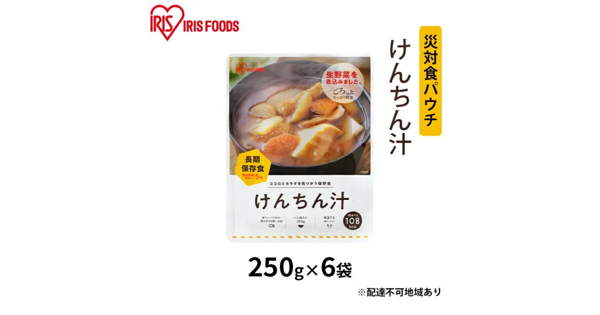 【ふるさと納税】災対食パウチけんちん汁 250g×6袋　惣菜 加工食品 惣菜 レトルト 保存食 たくさん 野菜 油あげ 麩 煮込み 生野菜 常温 5年 長期保存 可能 非常食 災害時